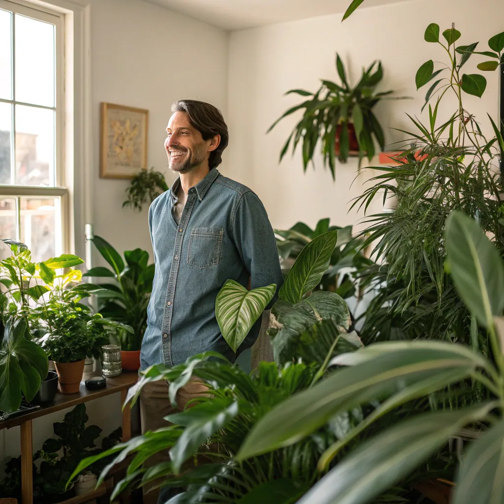 John Smith standing with houseplants